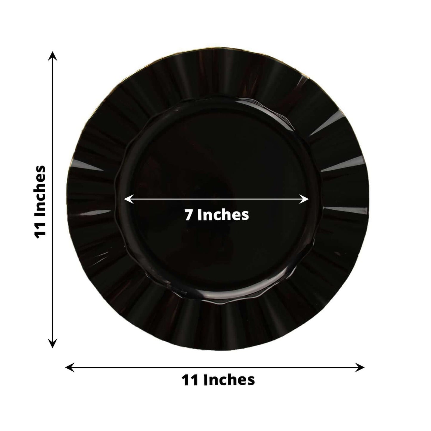 10-Pack Plastic 11" Round Dinner Plates in Black Ruffled Rim with Gold Edging - Sturdy Disposable Dinnerware