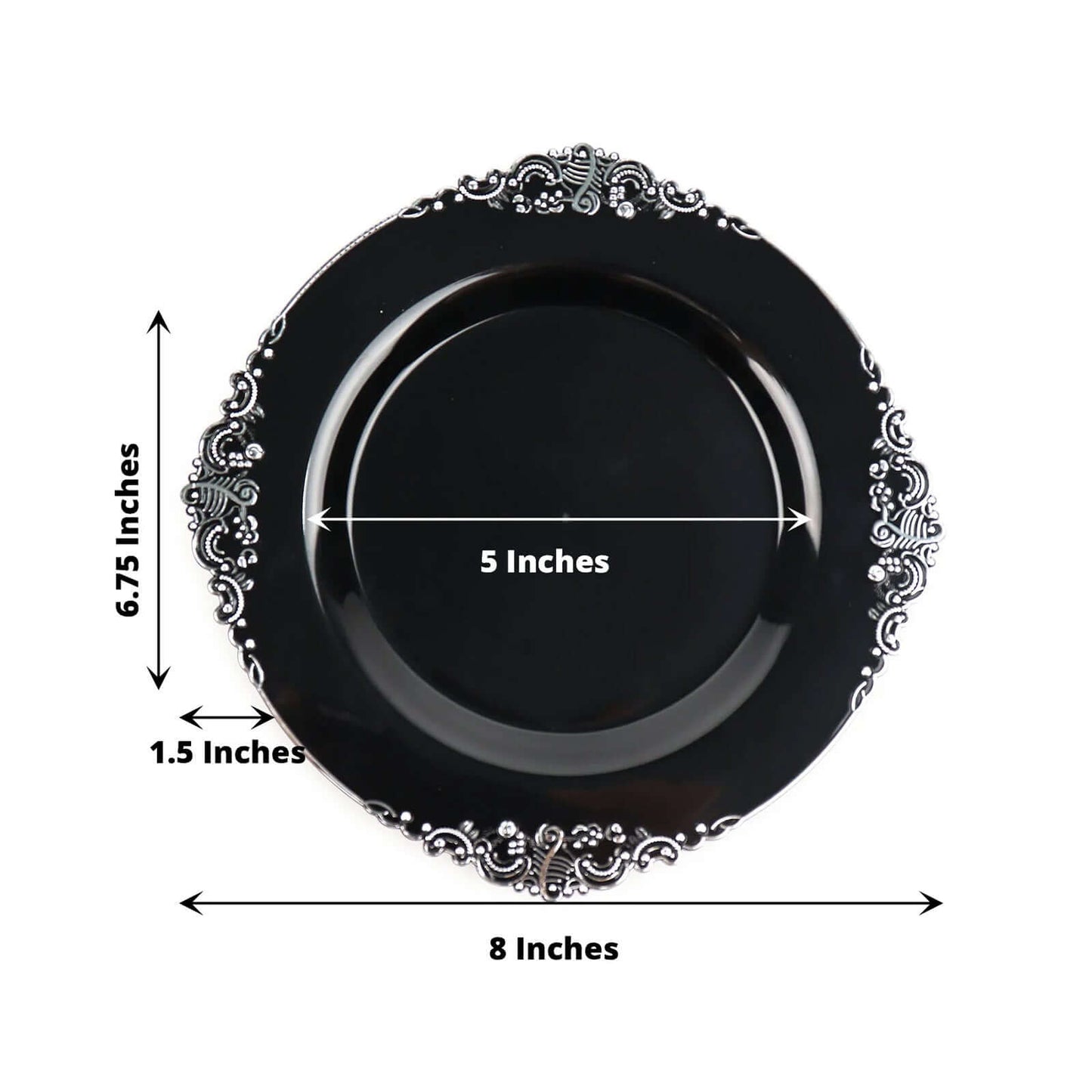 10-Pack Plastic 8" Round Dessert Plates in Black with Silver Leaf Embossed Rim - Disposable Vintage Baroque Style Salad Plates