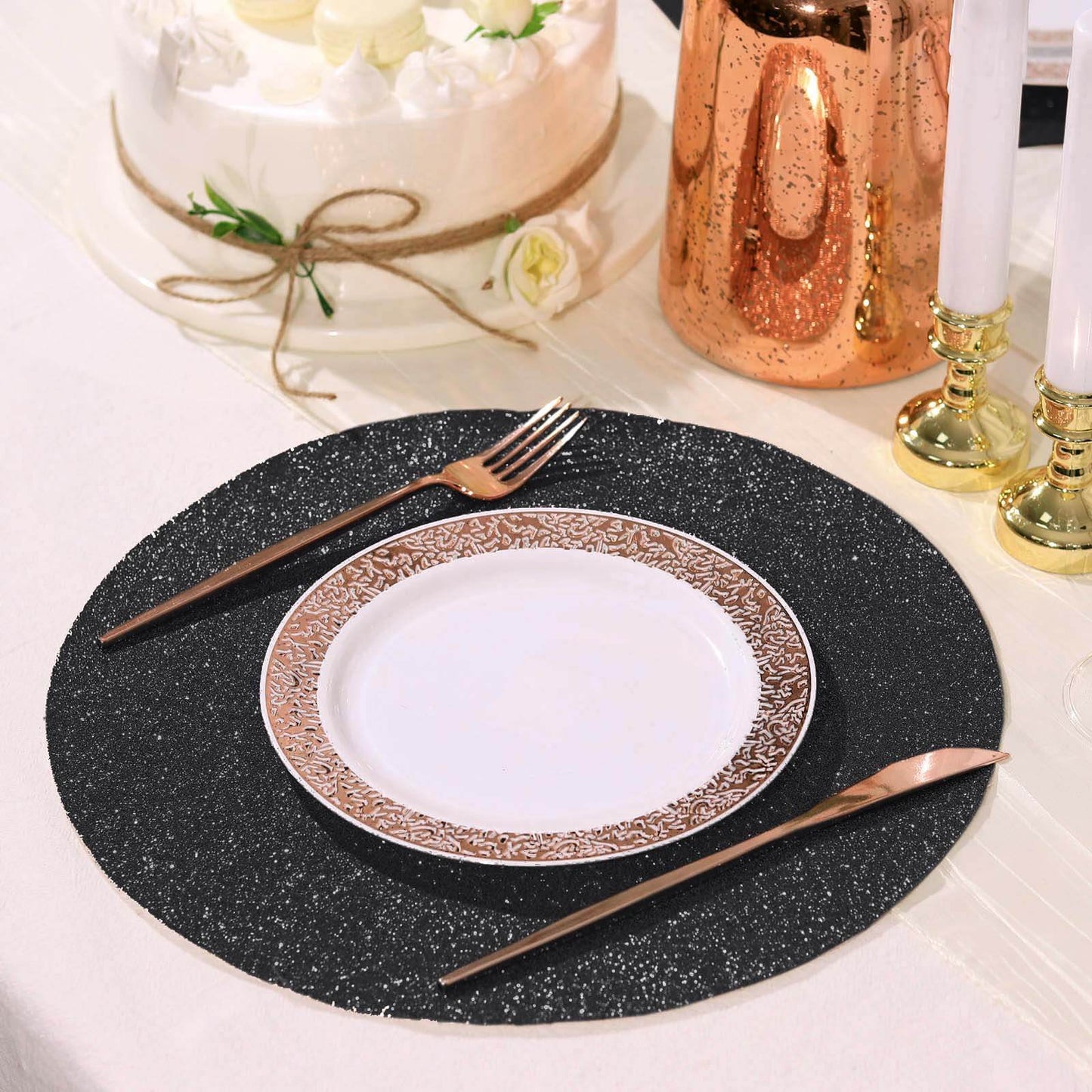 6-Pack Placemats Glitter Design Black Sparkle Round - Non-Slip Decorative Dining Table Mats 13"