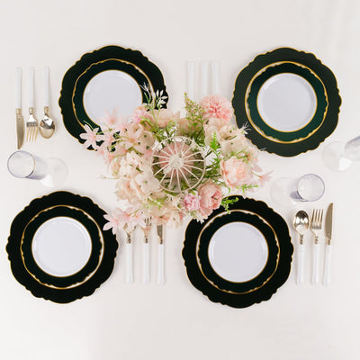 10-Pack Plastic 8" Round Dessert Plates in White with Hunter Emerald Green Blossom Design & Gold Edging - Disposable Salad Appetizer Plates