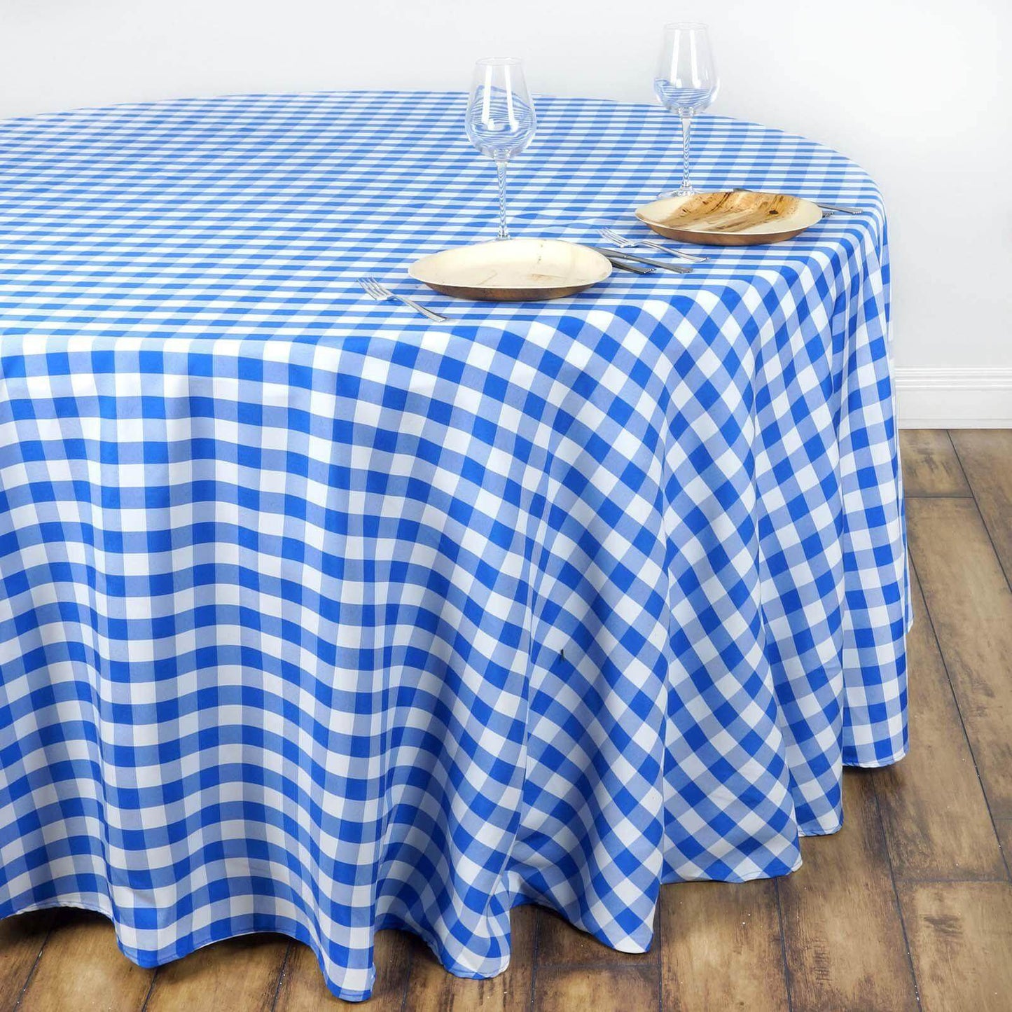 Polyester 108" Round Tablecloth White/Blue - Checkered Buffalo Plaid Table Cover