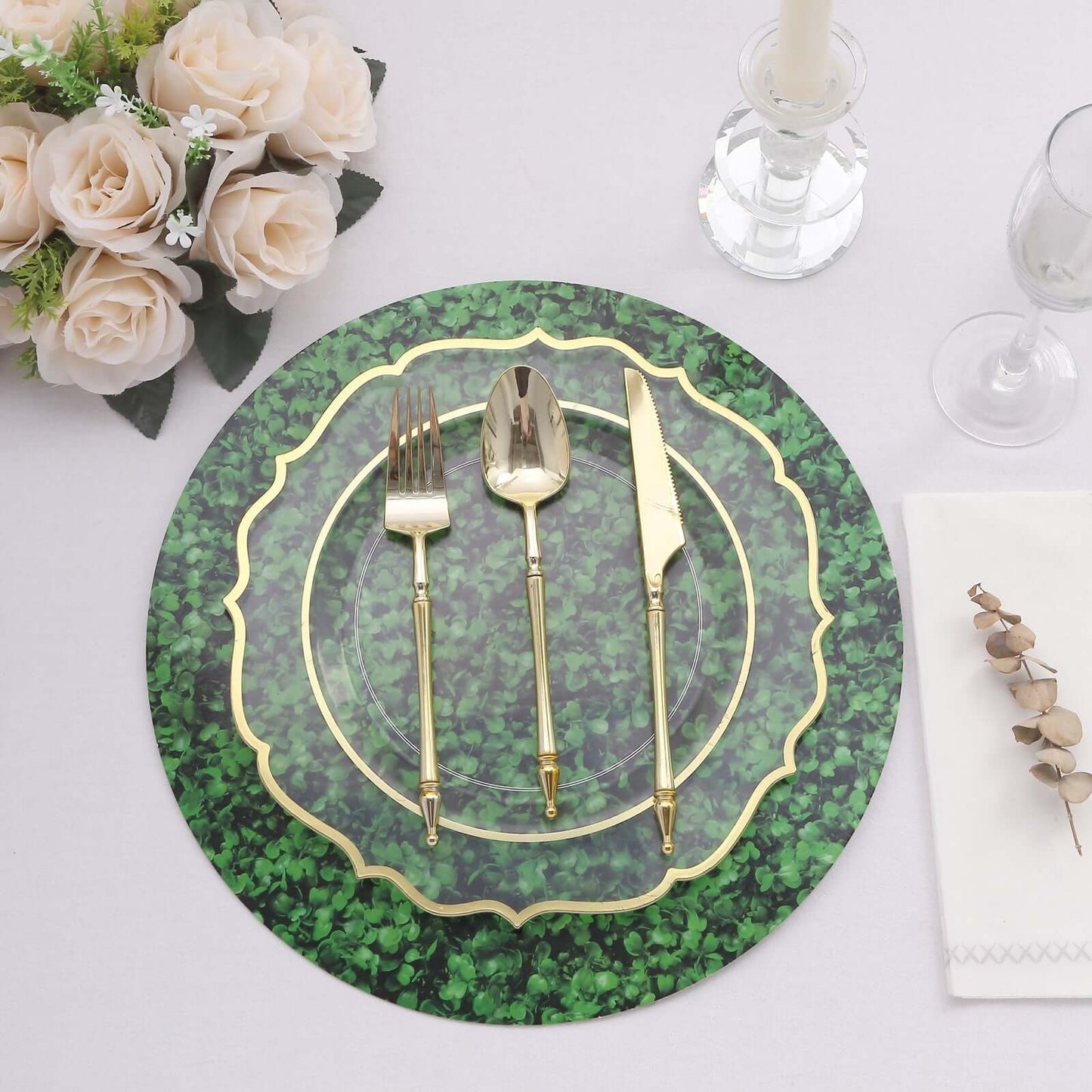 6-Pack Disposable Table Placemats in Green Boxwood Leaf Print - 700GSM Cardboard Placemats for Forest & Garden Theme Party Decor 13"