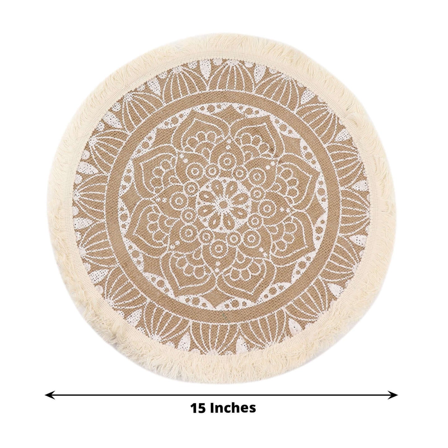 4-Pack Placemats Mandala Print Fringe Design Natural Jute and White Round - Rustic Burlap Tassel Style 15"