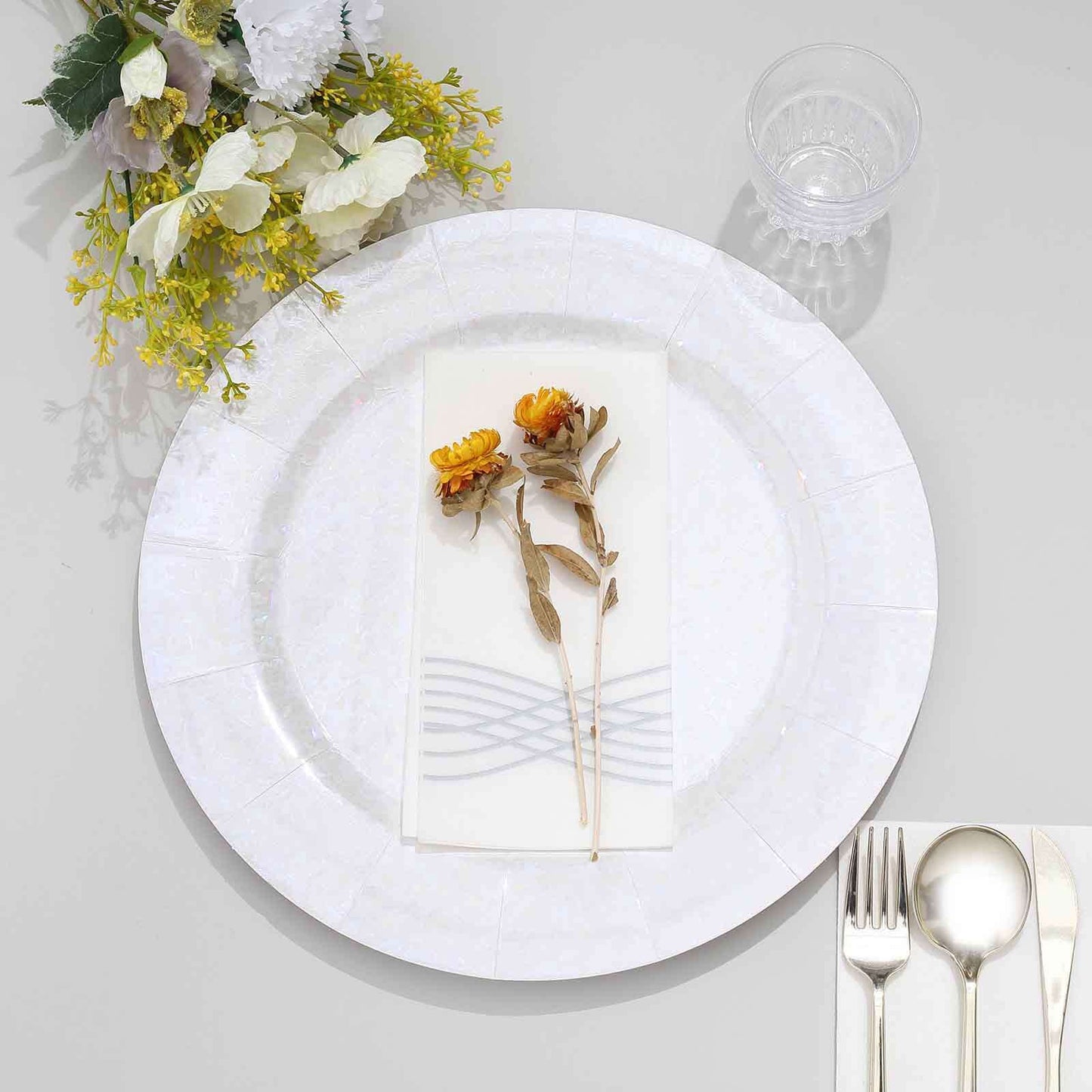 10-Pack Disposable Round Charger Plates in Iridescent with Leathery Texture - Durable 1100GSM Cardboard Placemats 13"