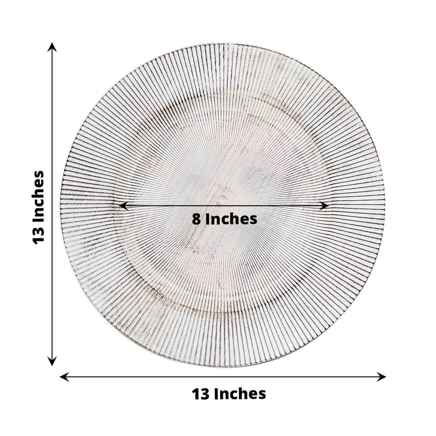 6-Pack Faux Wood Round Charger Plates 13" White Washed with Embossed Sunray Pattern, Chic Plastic Decorative Chargers