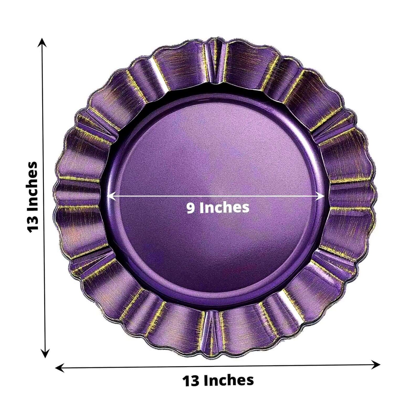6-Pack Acrylic Plastic Round Charger Plates 13" in Purple with Gold Brushed Wavy Scalloped Rim, Decorative Dinner Party Charger Tableware