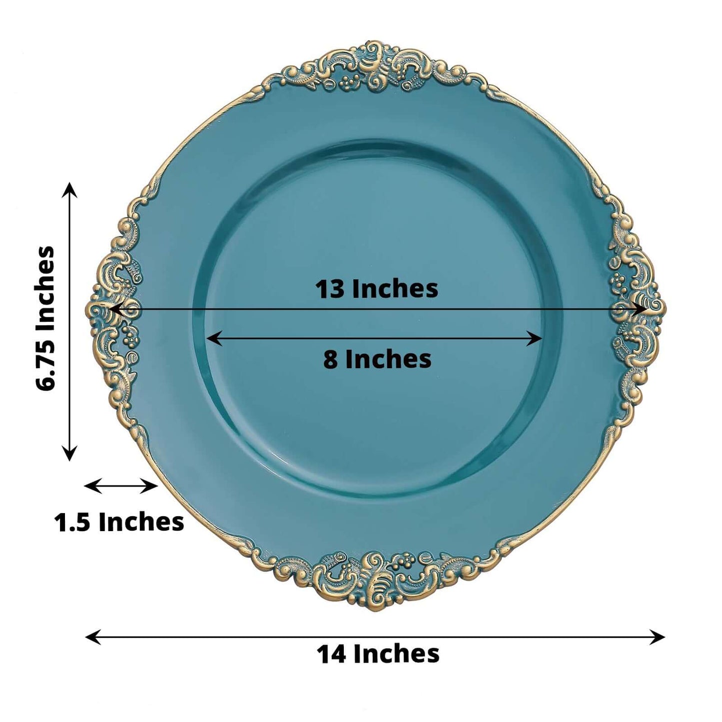6-Pack Acrylic Round Charger Plates 13" in Peacock Teal with Gold Embossed Baroque Rim, Antique Decorative Dinner Party Charger Tableware
