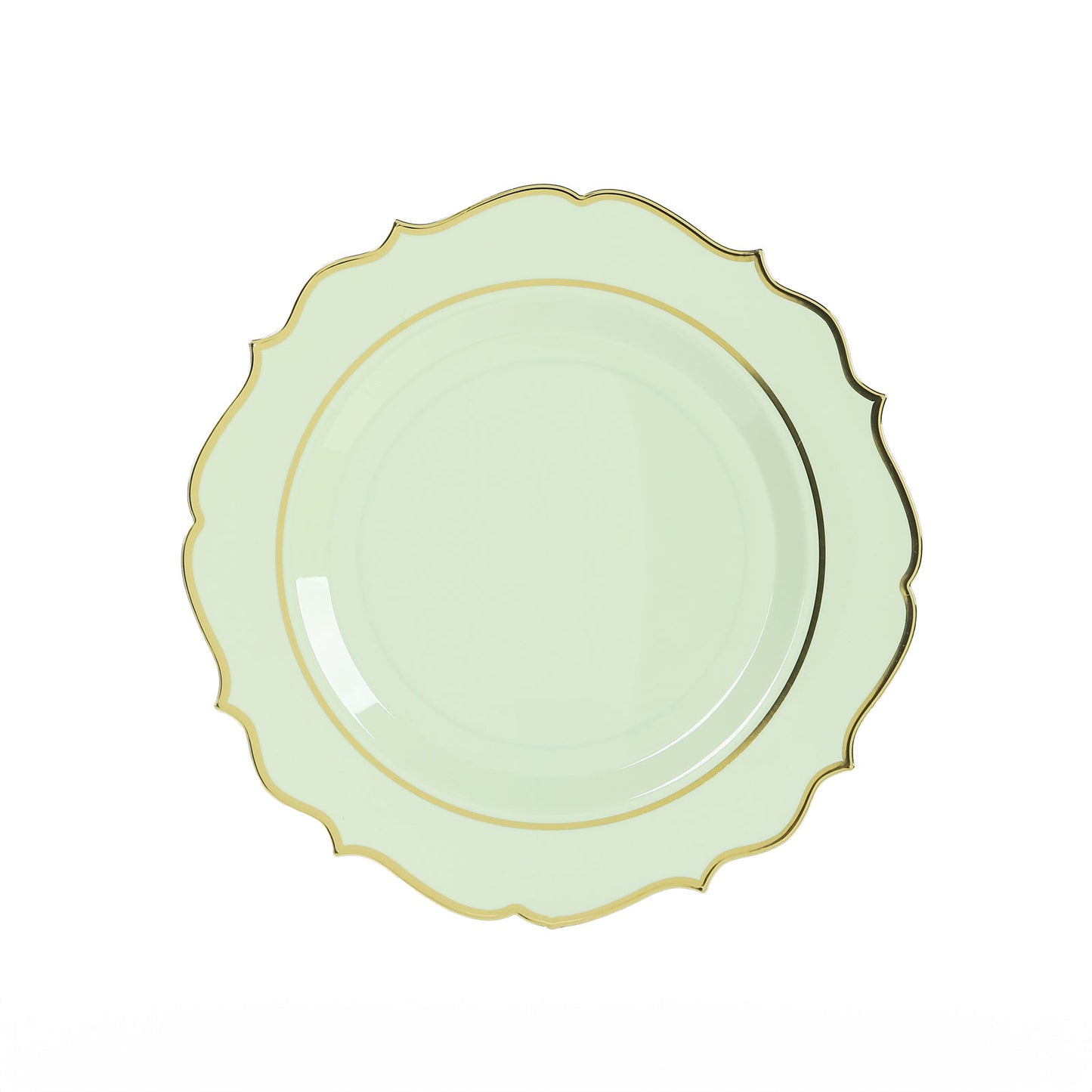 10-Pack Economy Plastic Round Charger Plates 13" in Sage Green with Gold Scalloped Rim, Decorative Dinner Party Serving Plates