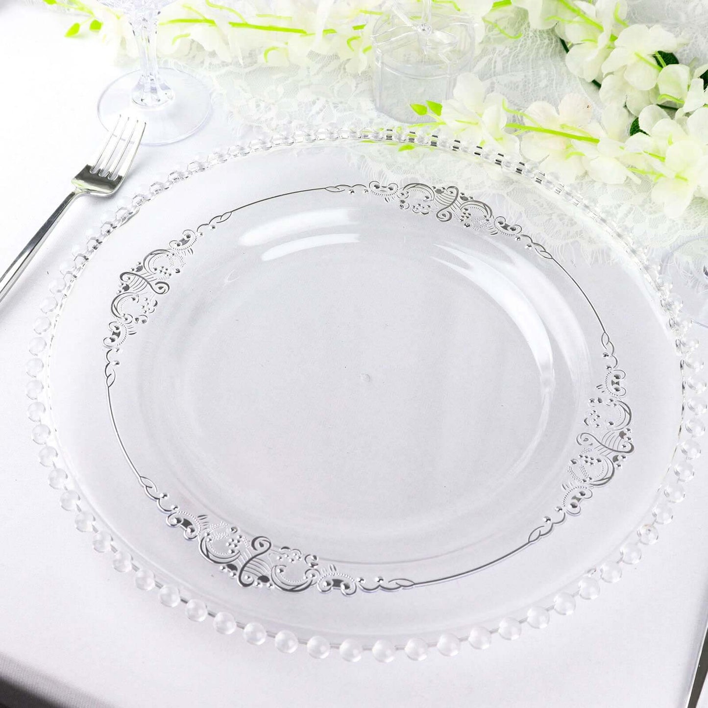10-Pack Plastic 10" Round Dinner Plates in Clear with Silver Leaf Embossed Rim - Disposable Vintage Baroque Style Plates