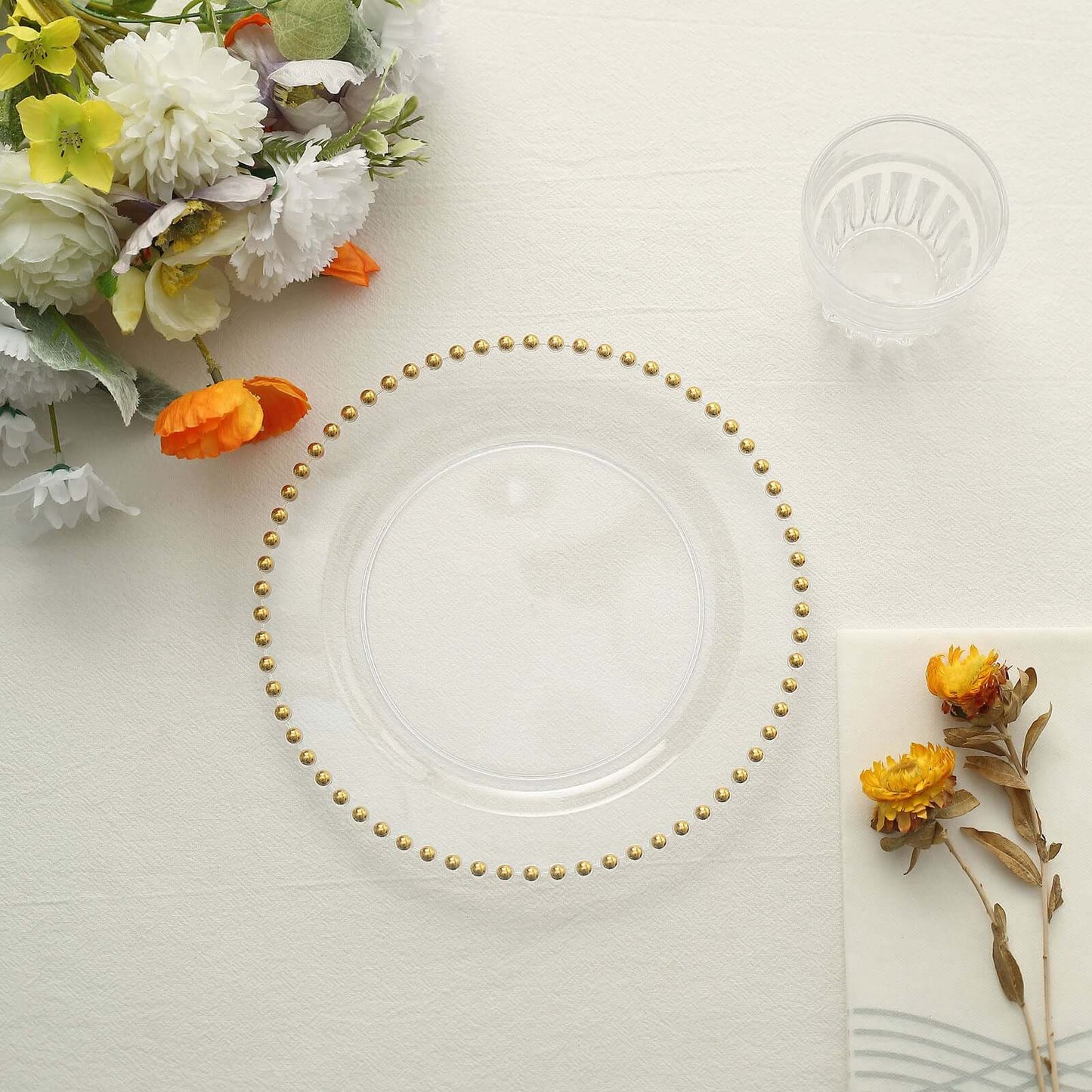 10-Pack Clear Plastic Dessert Plates â€“ 8" Round with Gold Beaded Rim, Disposable for Parties & Events