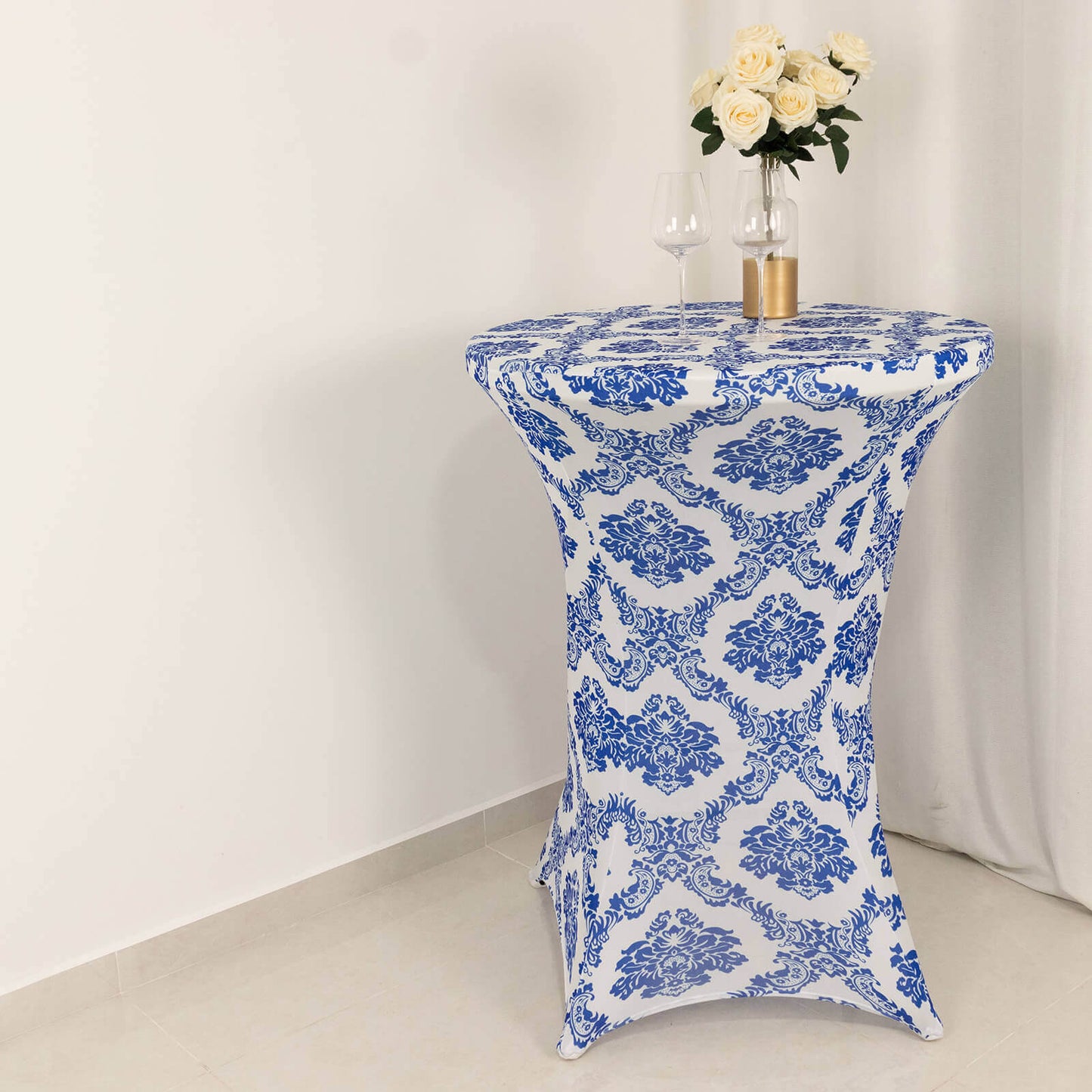 Spandex 30" Round Cocktail Table Cover Royal Blue Damask Highboy Tables - Easy to Maintain Stretch Fitted Tablecloth