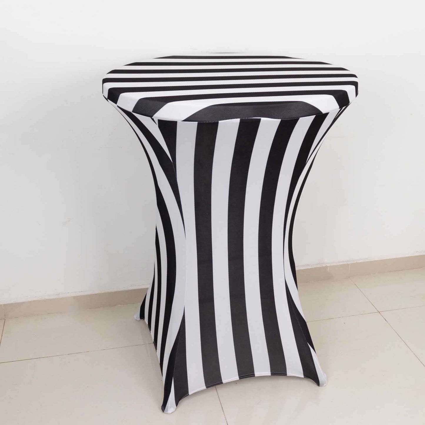 Spandex 30" Fitted Round Cocktail Table Cover Black/White Striped - Easy to Maintain Stretch Tablecloth