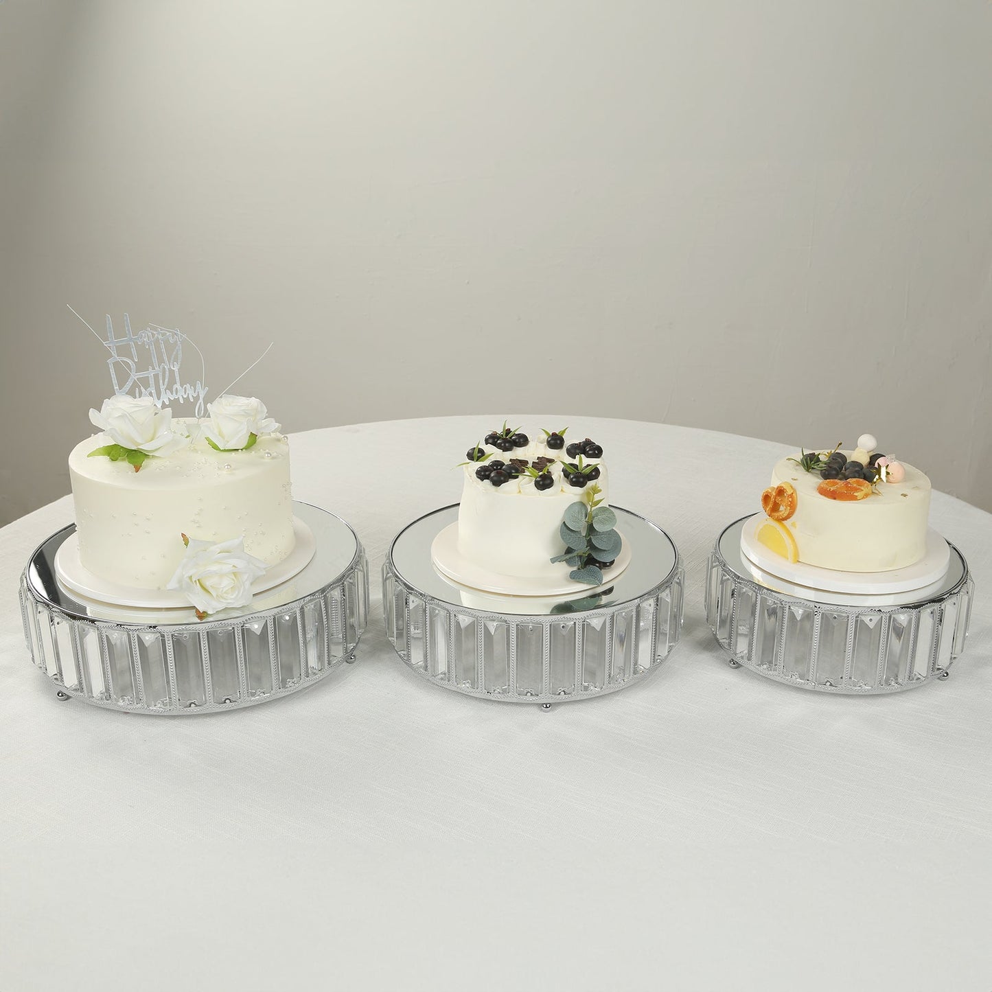 Set of 3 Silver Metal Crystal Pendant Cake Stands with Mirror Top, Stackable Round Dessert Display Trays - 9",11",12"