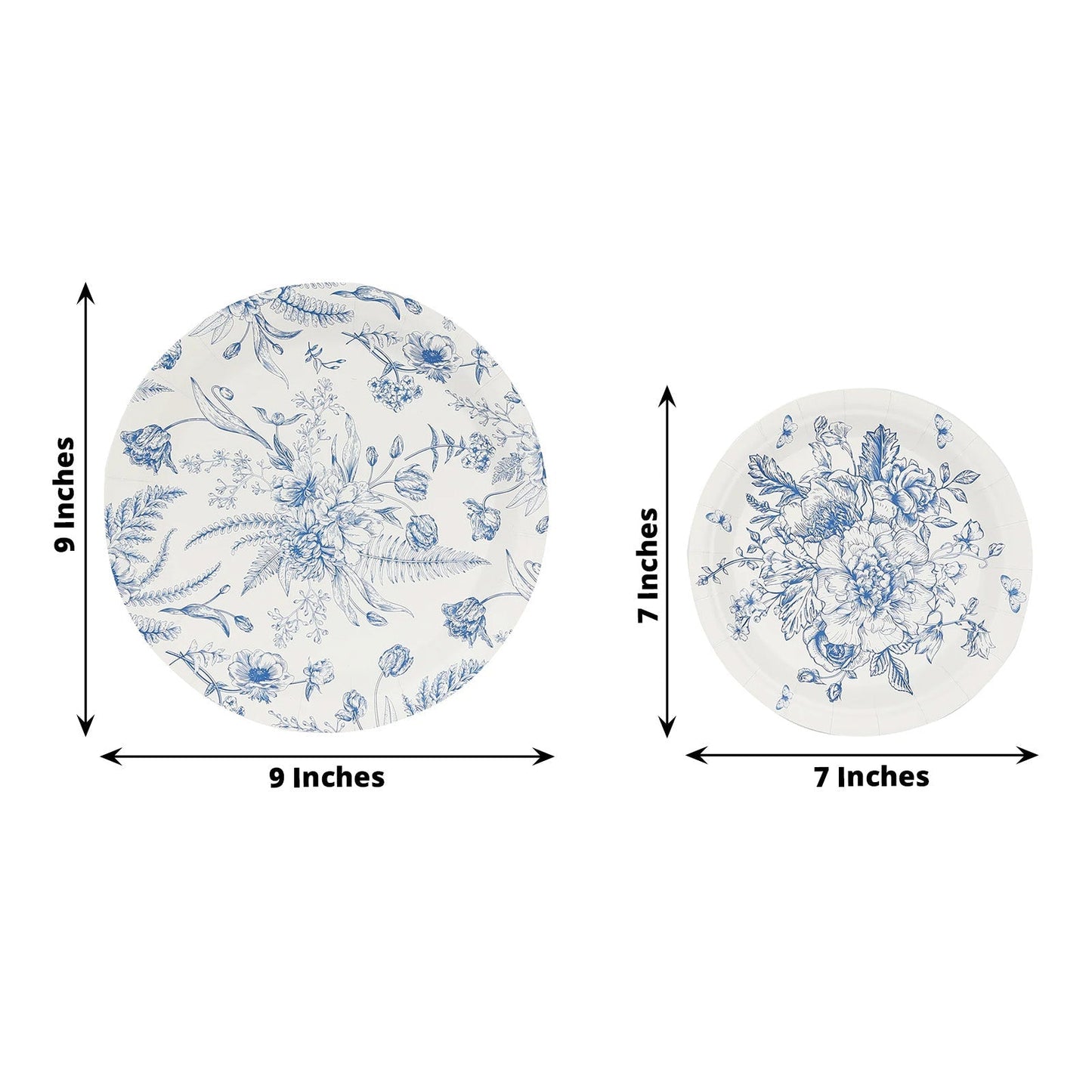 50-Pack Paper Round Dessert and Dinner Plates in White with Blue French Toile Pattern 7", 9"