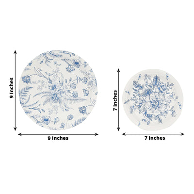50-Pack Paper Round Dessert and Dinner Plates in White with Blue French Toile Pattern 7", 9"