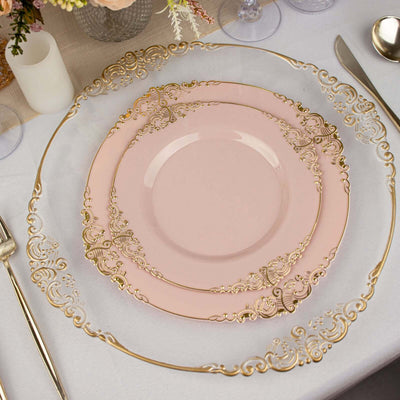 10-Pack Plastic 10" Round Dinner Plates in Blush with Gold Leaf Embossed Rim - Disposable Vintage Baroque Style Plates