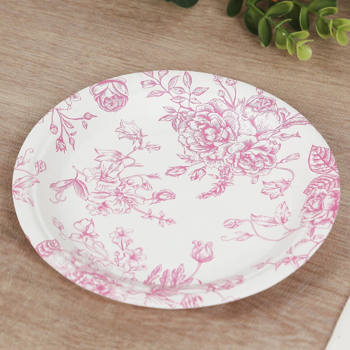 25-Pack Paper 7" Round Dessert Plates in White with Matte Pink French Toile Pattern - Disposable Floral Salad Appetizer Plates