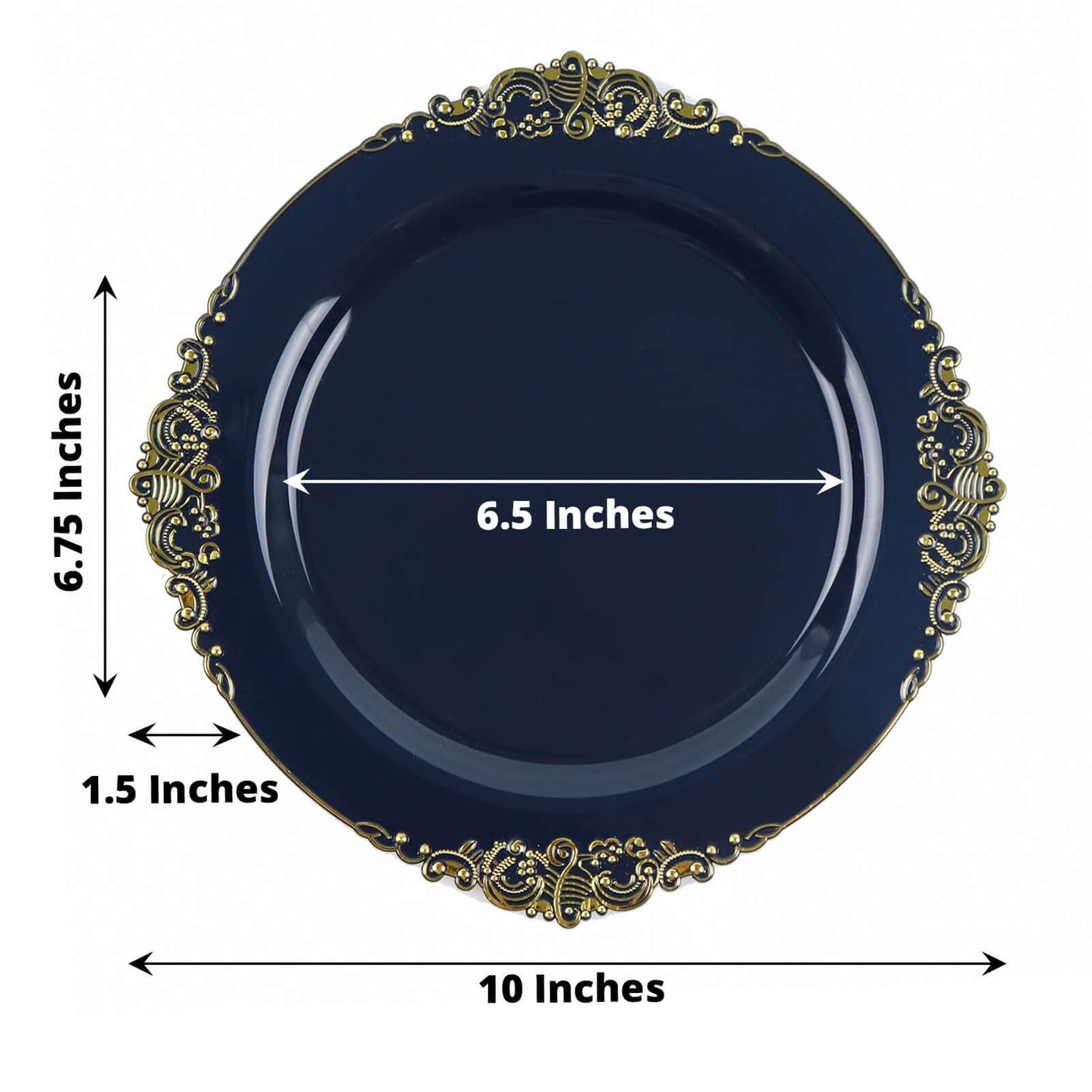 10-Pack Plastic 10" Round Dinner Plates in Navy Blue with Gold Leaf Embossed Rim - Disposable Vintage Baroque Style Plates