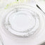 10-Pack Plastic 10" Round Dinner Plates in White with Silver Leaf Embossed Rim - Disposable Vintage Baroque Style Plates