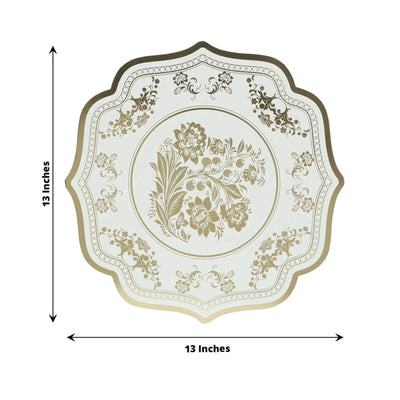 10 Pack Cardboard Paper Table Mats with White Gold Damask Floral Pattern, 13" Round Disposable Placemats with Scalloped Rim - 400 GSM