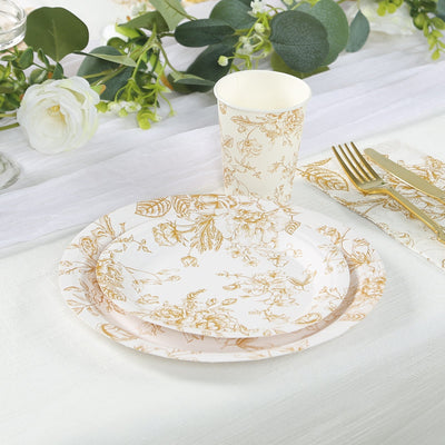25-Pack Paper 9" Round Dinner Plates in White with Gold French Toile Pattern - Disposable Floral Party Plates for Stylish Events