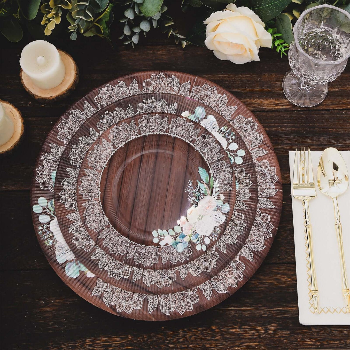 25-Pack Disposable Round Charger Plates in Brown Rustic Wood Print with Floral Lace Rim - Durable Paper Chargers for Rustic Themes & Outdoor Events 13"
