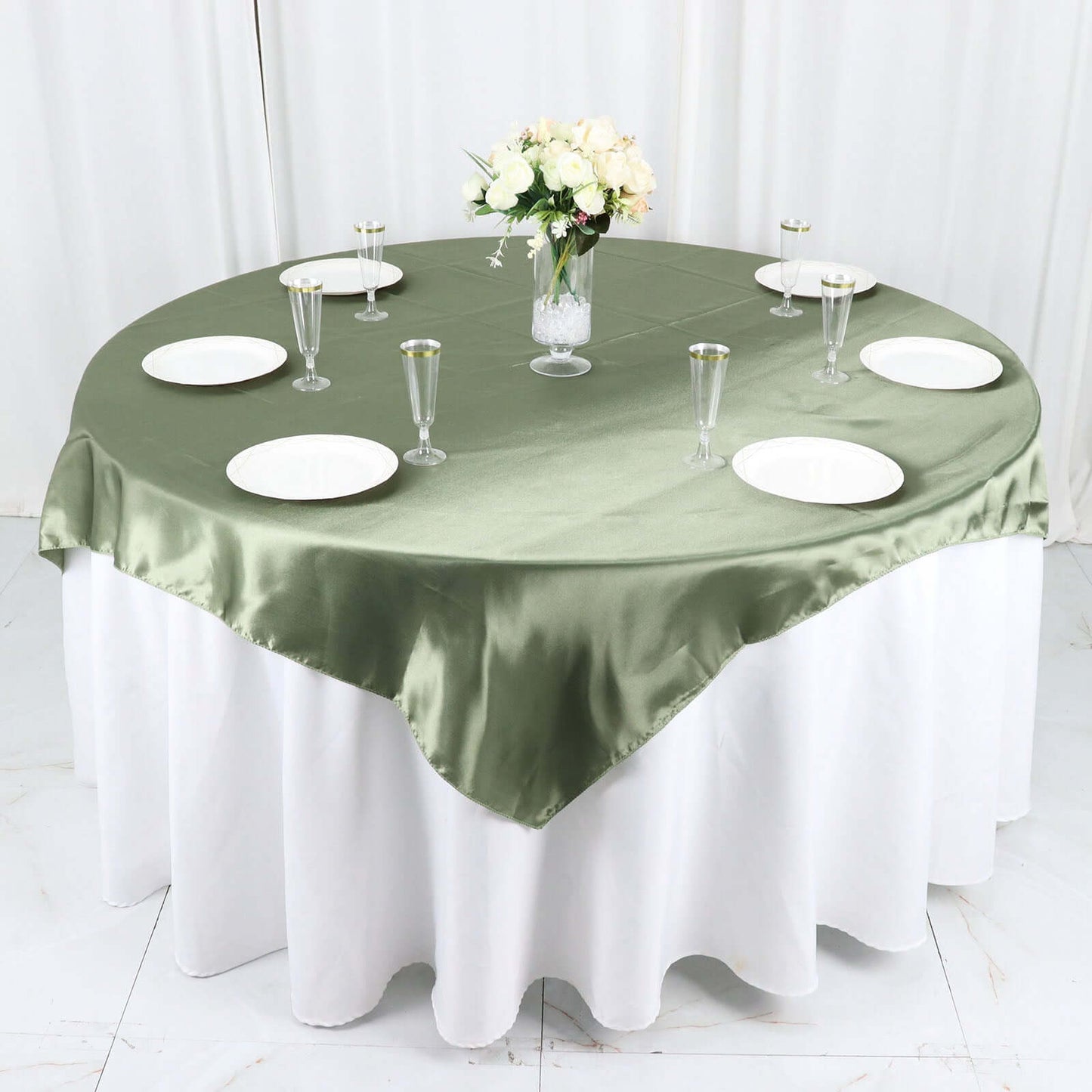 Satin 60"x60" Table Overlay Square Tablecloth Dusty Sage Green - Smooth Silky Touch Table Cover