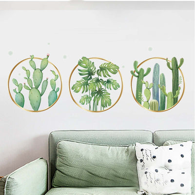 Green Tropical Leaf Plants and Cactus Flat Frame Wall Decals, Decor Stickers