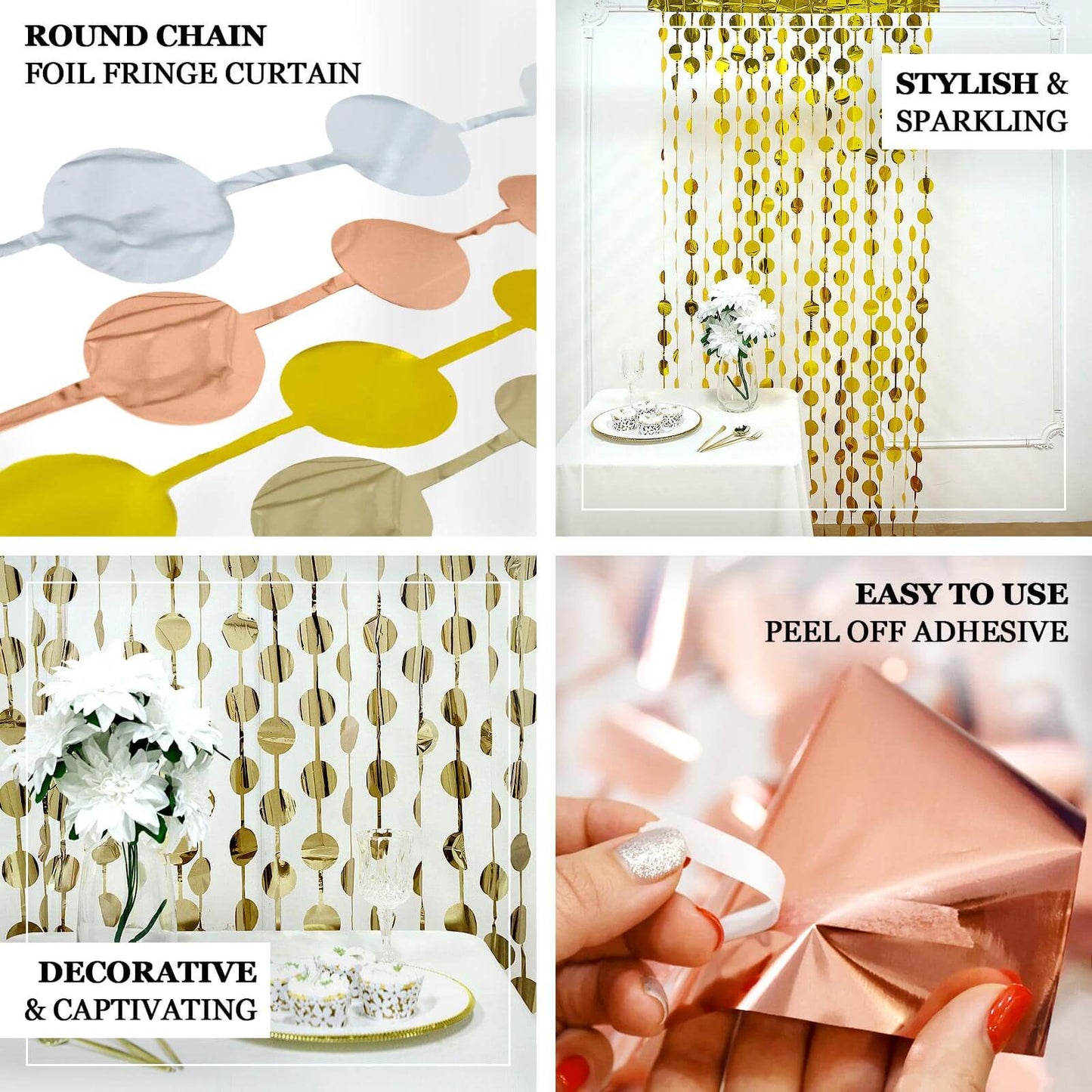 Champagne Round Chain Foil Fringe Curtain Party Backdrop, Metallic Champagne Tinsel Streamer Party Decor - Door Window Foil Curtain - 3ftx6.5ft