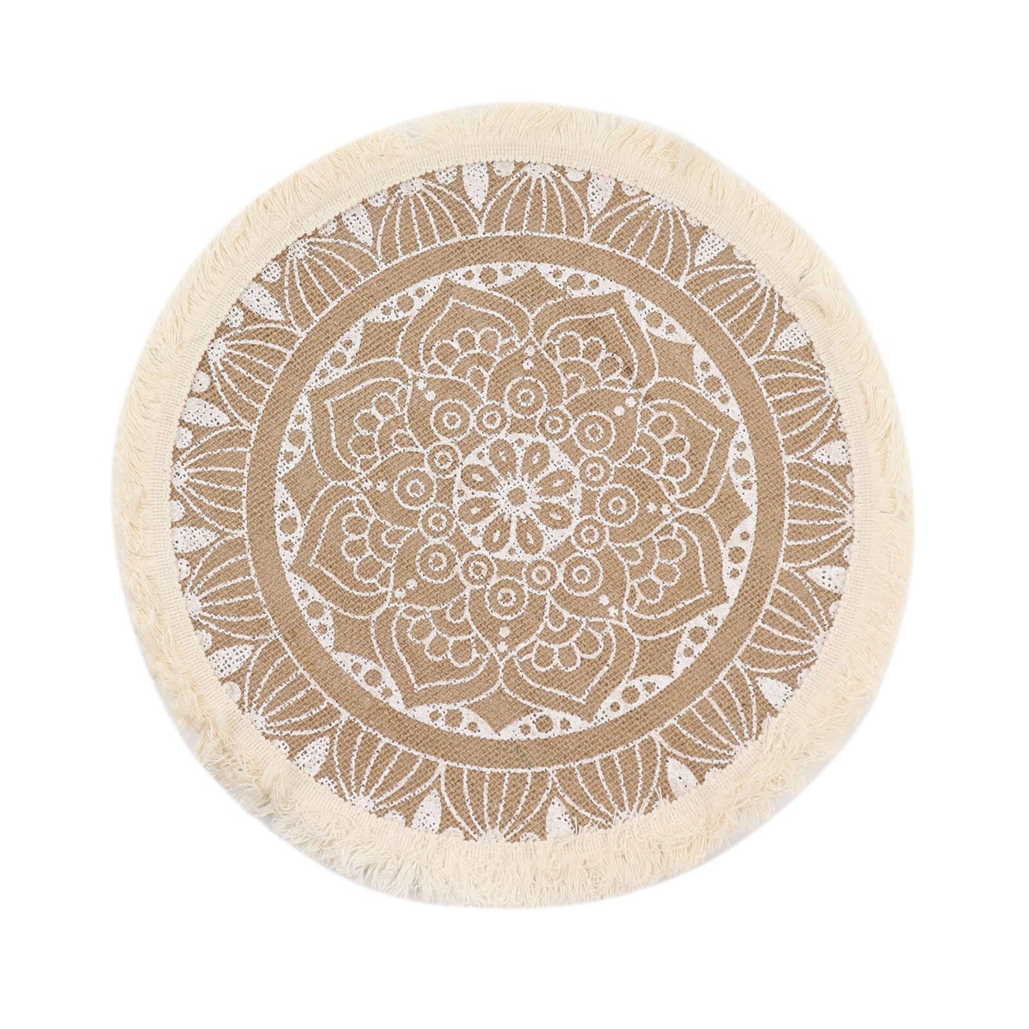 4-Pack Placemats Mandala Print Fringe Design Natural Jute and White Round - Rustic Burlap Tassel Style 15"