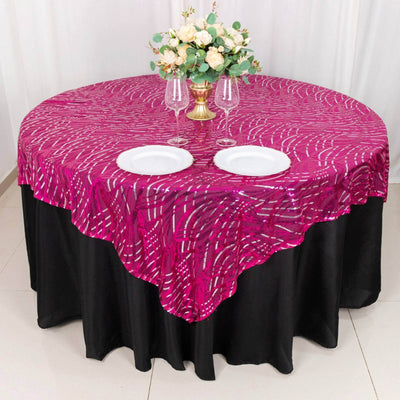 Mesh 72"x72" Table Overlay Square Tablecloth Fuchsia Silver - Wave Embroidered Sequins Table Topper