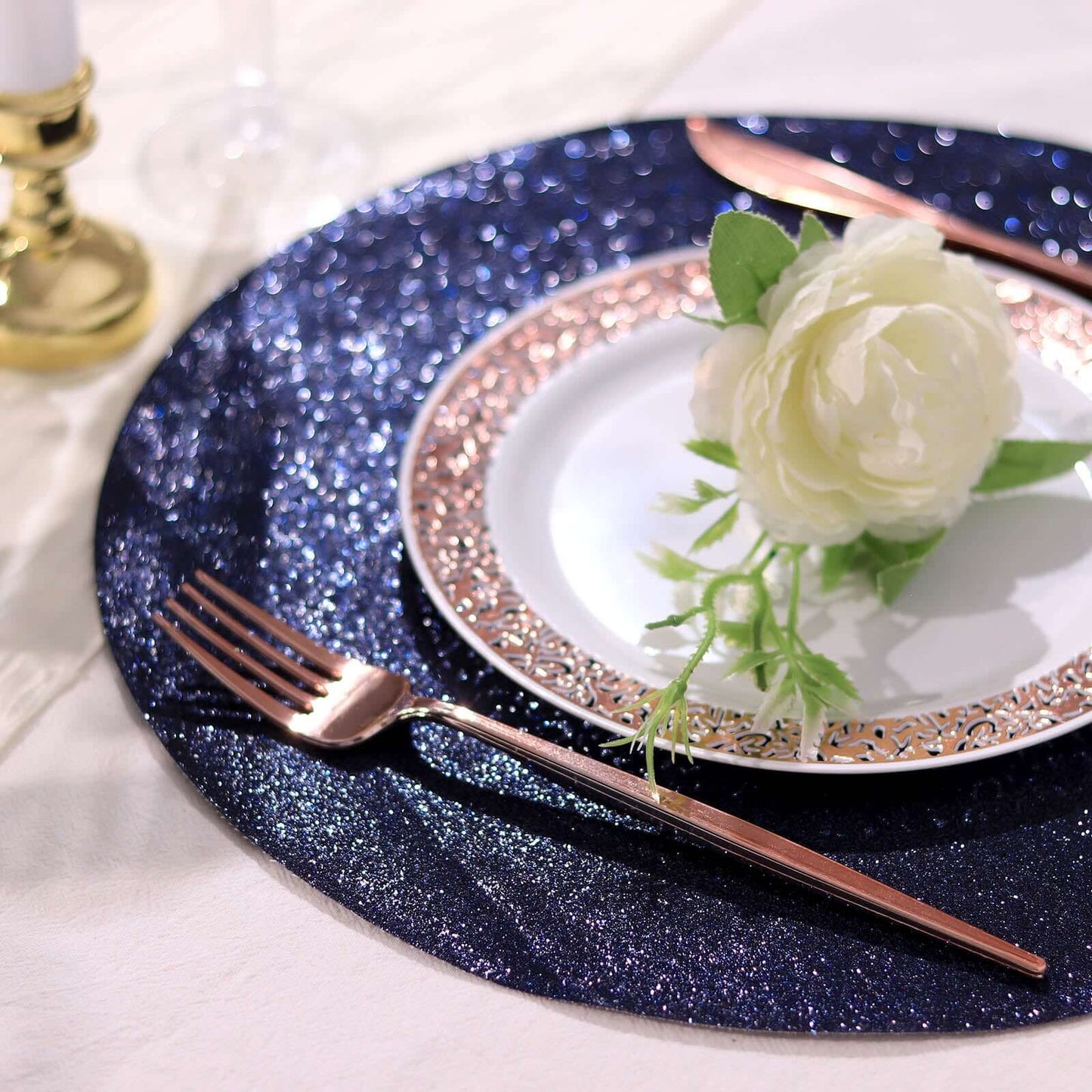 6-Pack Placemats Glitter Design Navy Blue Sparkle Round - Non-Slip Decorative Dining Table Mats 13"