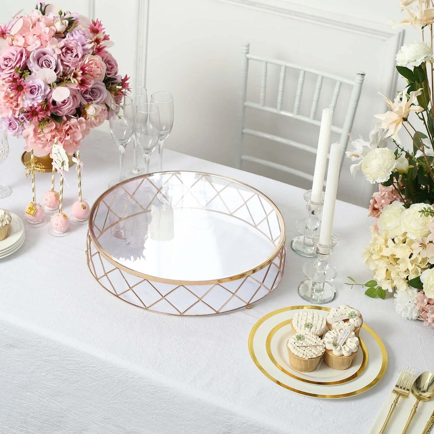 Metal Cake Stand Geometric Diamond Cut Design Gold with Glass Top - Dessert Display Riser 16"