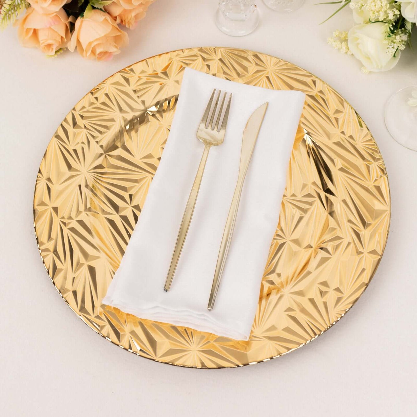 6-Pack Acrylic Round Charger Plates 13" in Metallic Gold with Rock Cut Design, Durable Plastic Dinner Charger Tableware