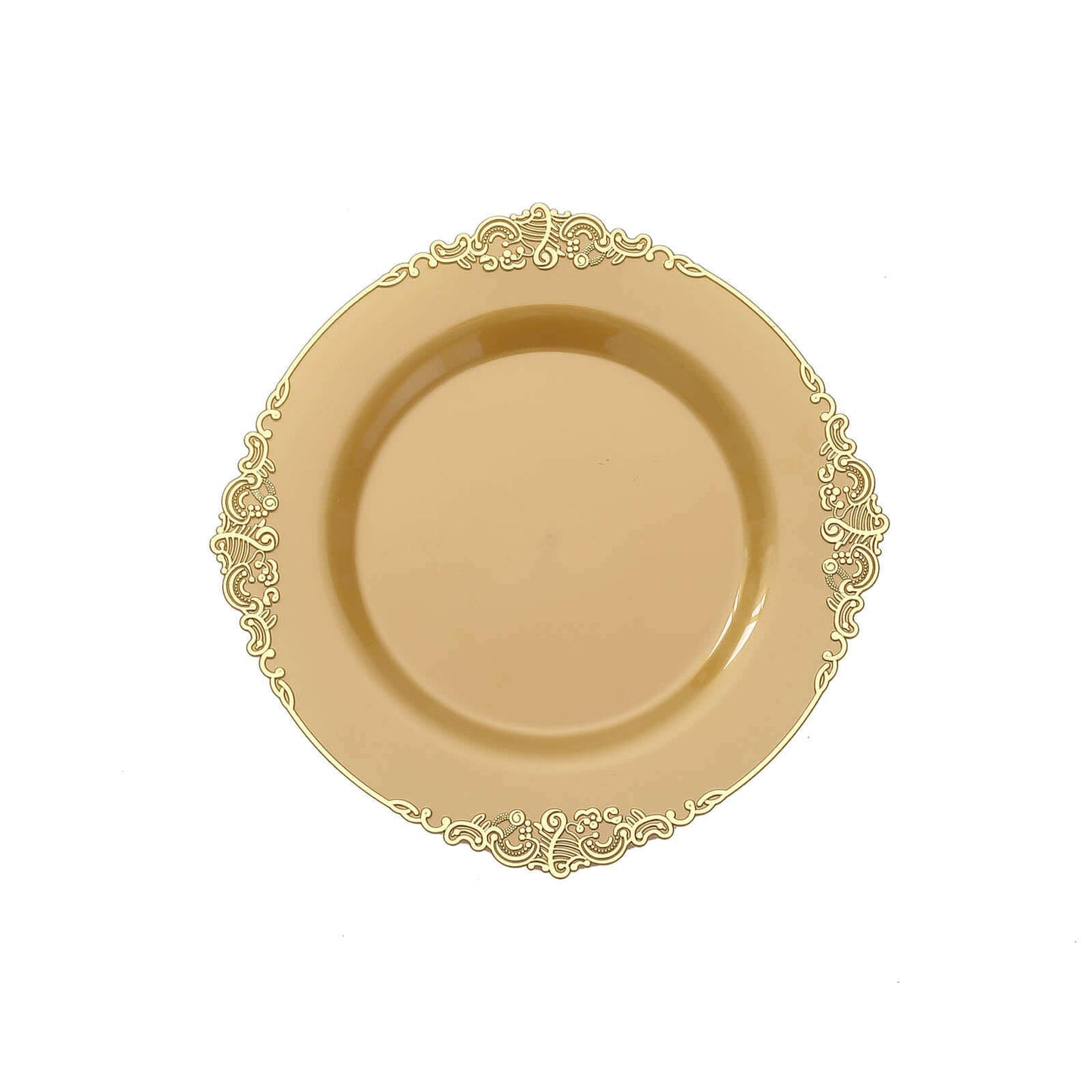 10-Pack Plastic 8" Round Dessert Plates in Gold with Leaf Embossed Rim - Disposable Vintage Baroque Style Salad Plates for Luxurious Gatherings & Events