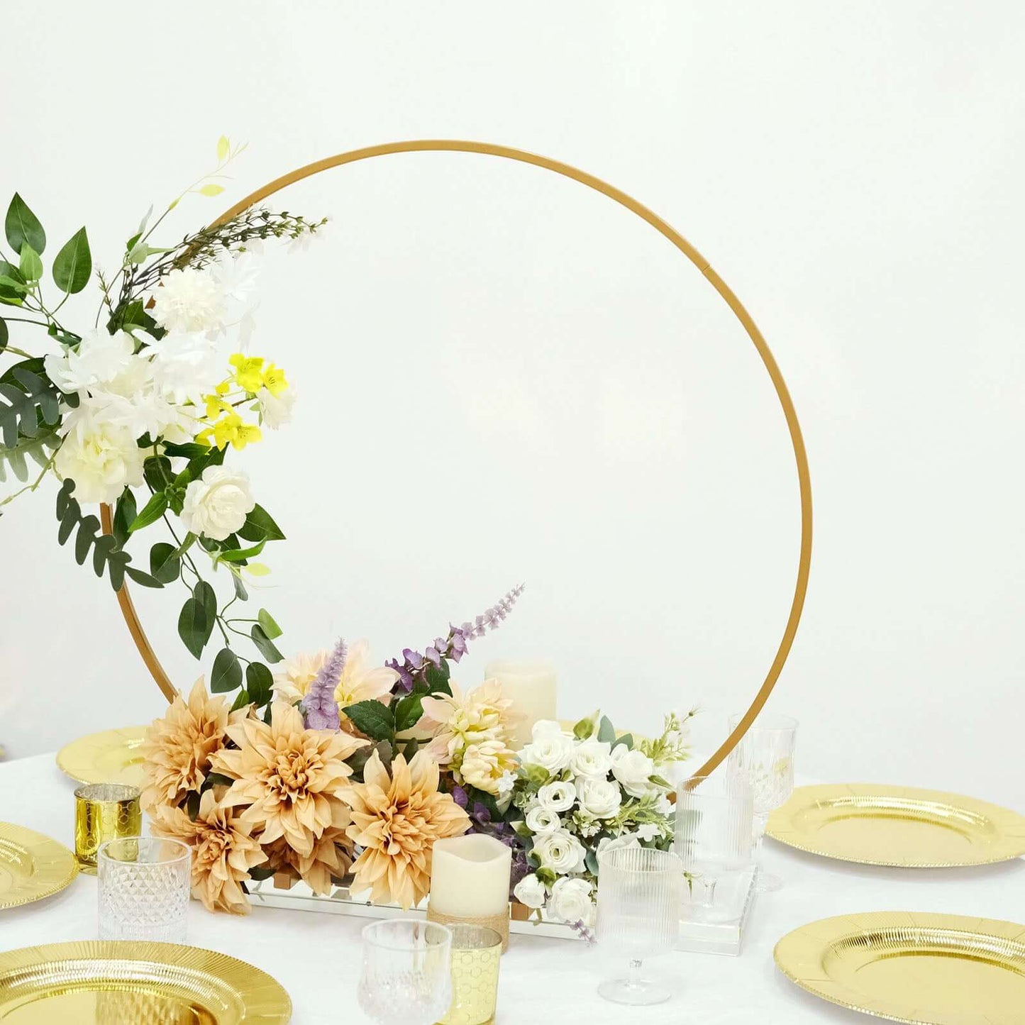 28" Gold Metal Round Hoop Wedding Centerpiece, Self Standing Table Floral Wreath Frame