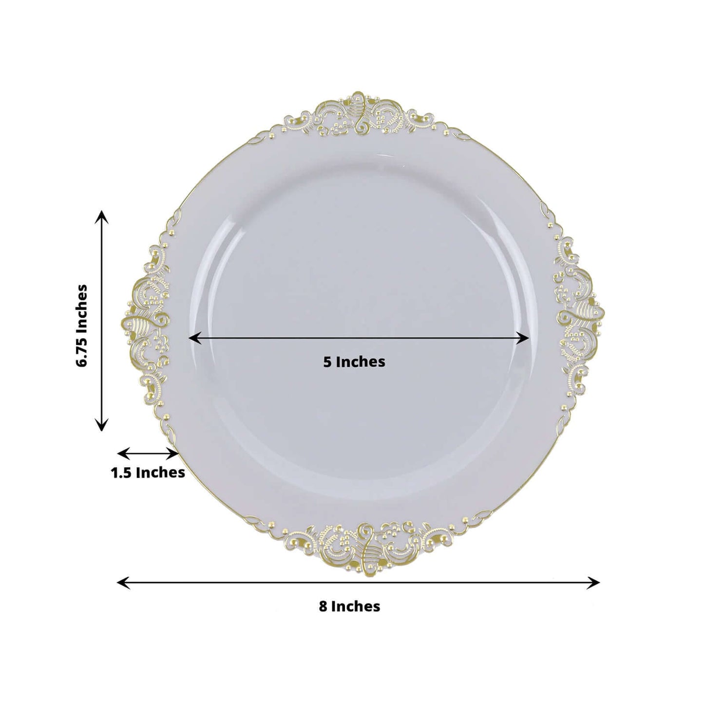 10-Pack Plastic 8" Round Dessert Plates in Gray with Gold Leaf Embossed Rim - Disposable Vintage Baroque Style Salad Plates