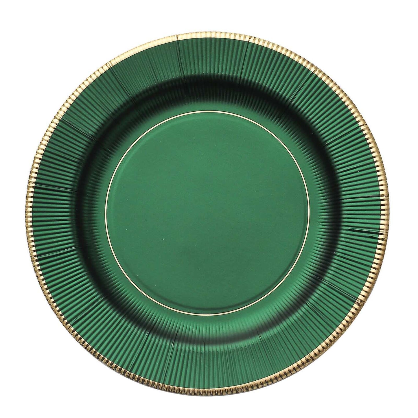 25-Pack Disposable Round Charger Plates in Hunter Emerald Green Sunray Design with Gold Rim - 350GSM Heavy Duty Paper Chargers 13"