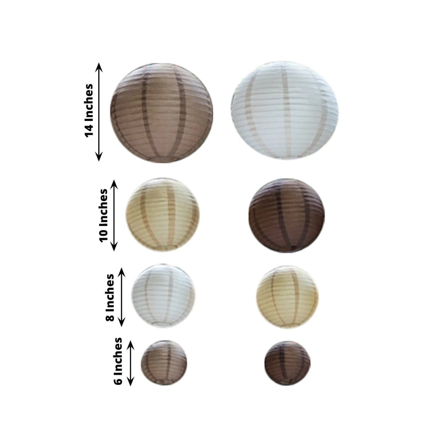Set of 8 Natural Brown Hanging Paper Lanterns Assorted Sizes, Decorative Round Chinese Sky Lanterns - 6",8",10",14"