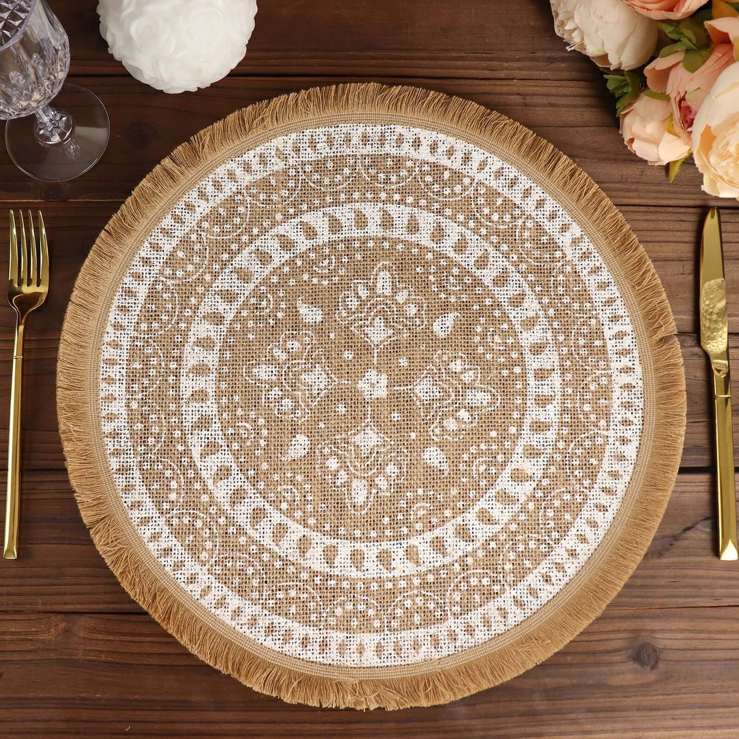 4-Pack Placemats Fringe Print Design Natural Jute and White Round - Rustic Burlap Woven Style 15"