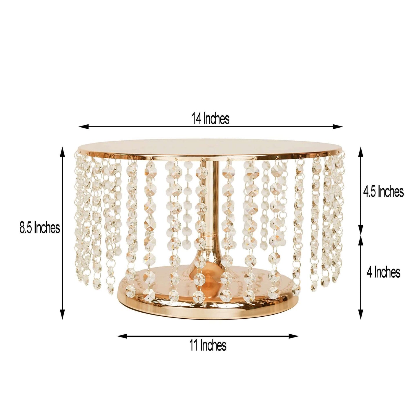 Metal Cake Stand Round Design Metallic Gold with Crystal Chains 14" Dia - Cupcake Dessert Pedestal 8" Tall