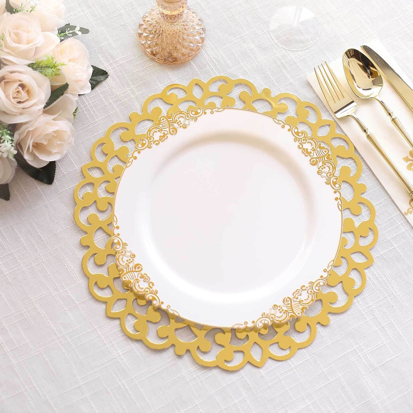 6-Pack Disposable Table Placemats in Metallic Gold with Laser Cut Floral Rim - 400GSM Cardboard Placemats for Glamorous Table Settings 13"