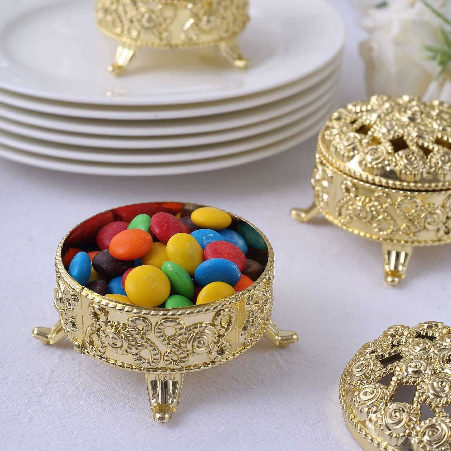 12-Pack Plastic Fillable Mini Candy Container in Vintage Ornate Round Box Style Metallic Gold - Candy Treat Favor Boxes 2.5"