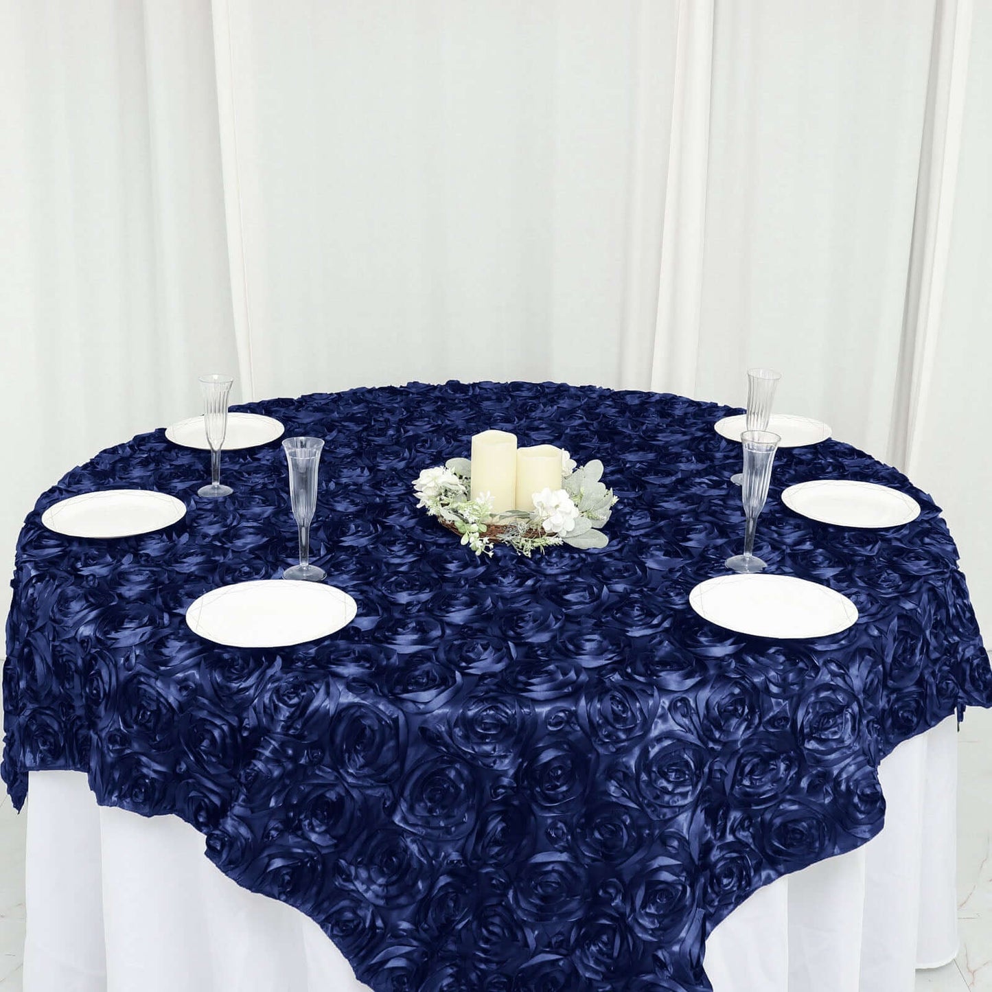 Satin 72"x72" Table Overlay Square Tablecloth Navy Blue - 3D Rosette Table Cover