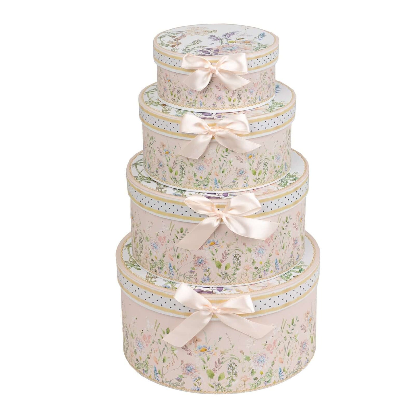 Set of 4 Cardstock Round Nesting Gift Boxes Blush Floral Design - Decorative Heavy Duty Stackable Keepsake Boxes With Lids for Presents Storage & Pedestal Stand 5",7",8",9"