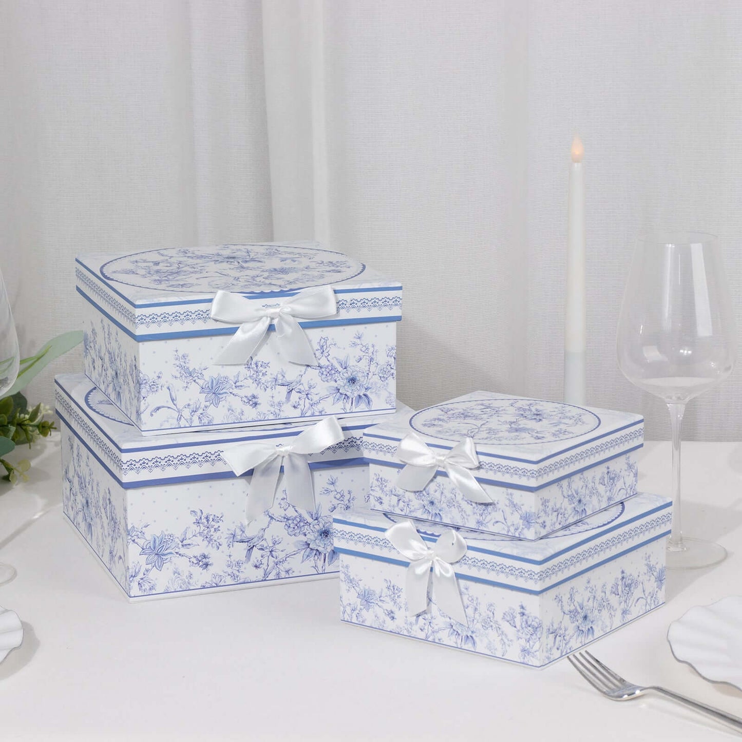 Set of 4 Cardstock Square Nesting Gift Boxes White Blue French Toile Design - Decorative Heavy Duty Stackable Keepsake Boxes With Lids for Presents Storage & Pedestal Stand 6",7",8",9"
