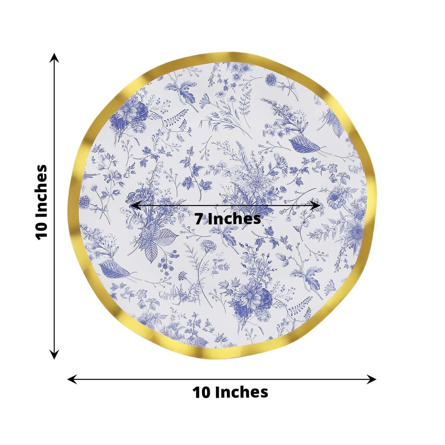 25-Pack Paper Round Dinner Plates 10" in White with Blue French Toile Pattern & Gold Wavy Rim - Disposable 350GSM Party Plates