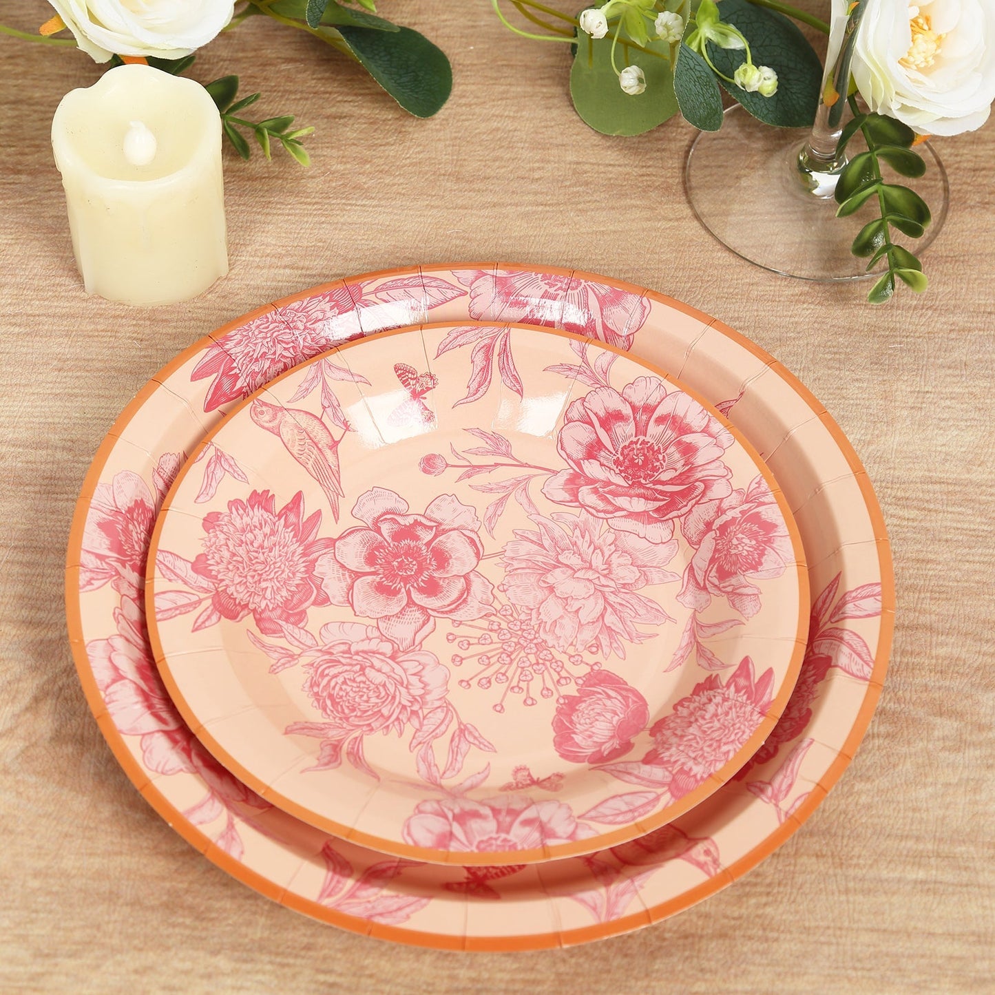 50-Pack Paper Round Dessert and Dinner Plates in Dusty Rose Spring Floral Print with Gold Rim for Table Decor 7", 9"