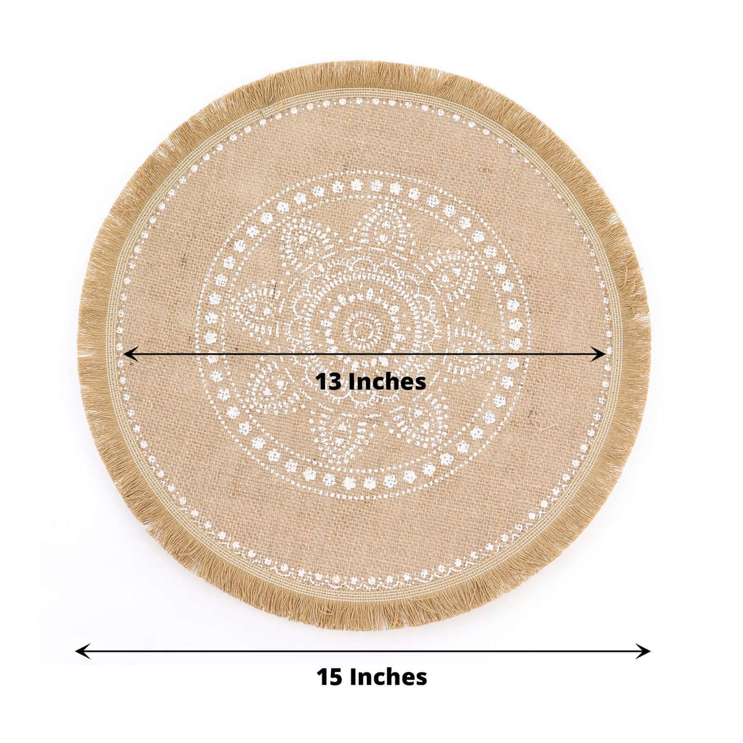 4-Pack Placemats White Embroidery Print Design Natural Jute Fringe Round - Rustic Burlap Woven Style 15"
