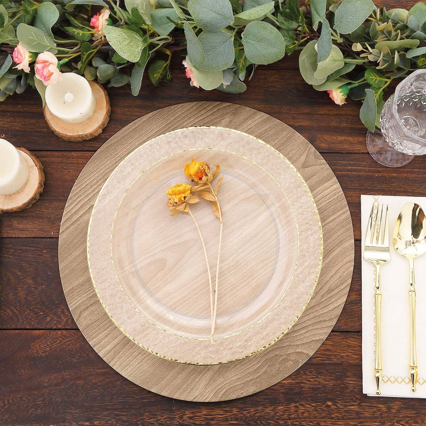 6-Pack Disposable Table Placemats in Natural with Walnut Wood Design - Cardboard Placemats for Rustic & Farmhouse Themes 13"